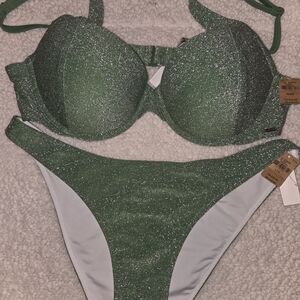 NWT VICTORIA'S SECRET Green Glitter Bikini Set XL TOP/L BOTTOM